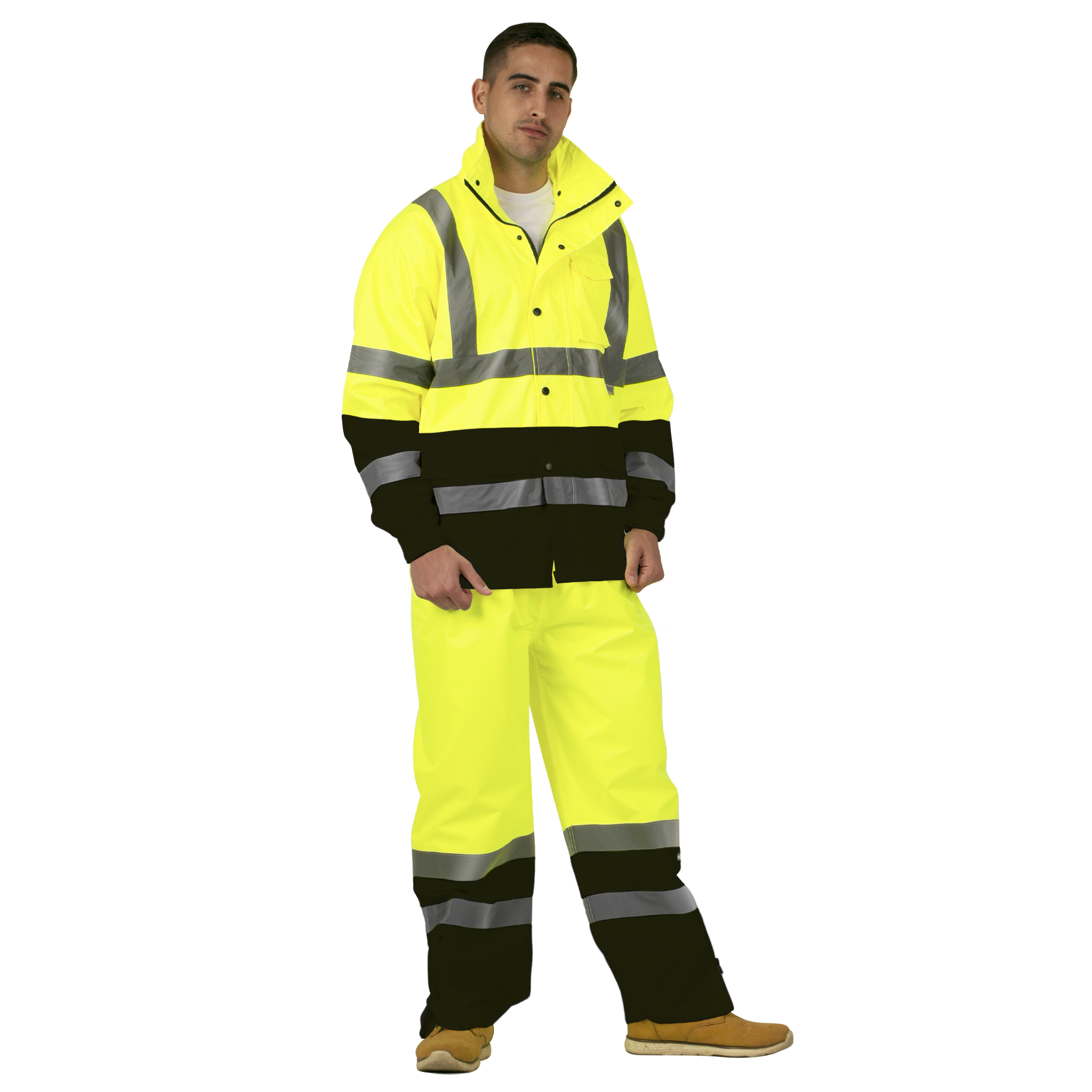 Hi-Vis Yellow/Black Rain Set - Pants & Jacket with 2" Reflective Strips